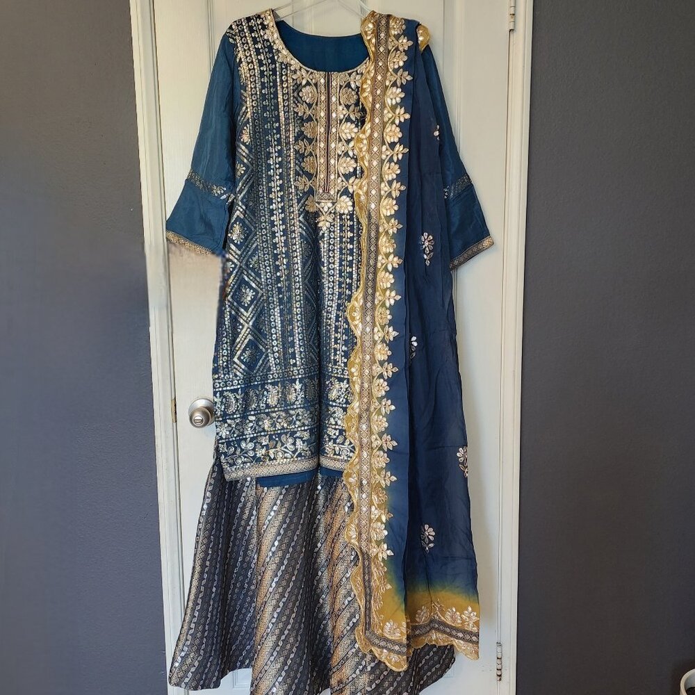 Teal Blue & Gold Embroidered Kurta Lehnga Set with Dupatta